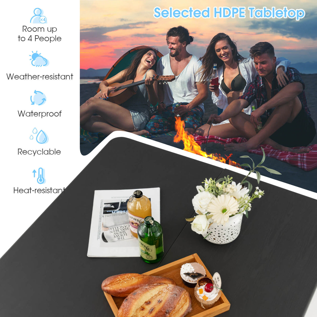 Mesa de camping plegable con tablero de HDPE resistente a la intemperie y estructura de acero inoxidable