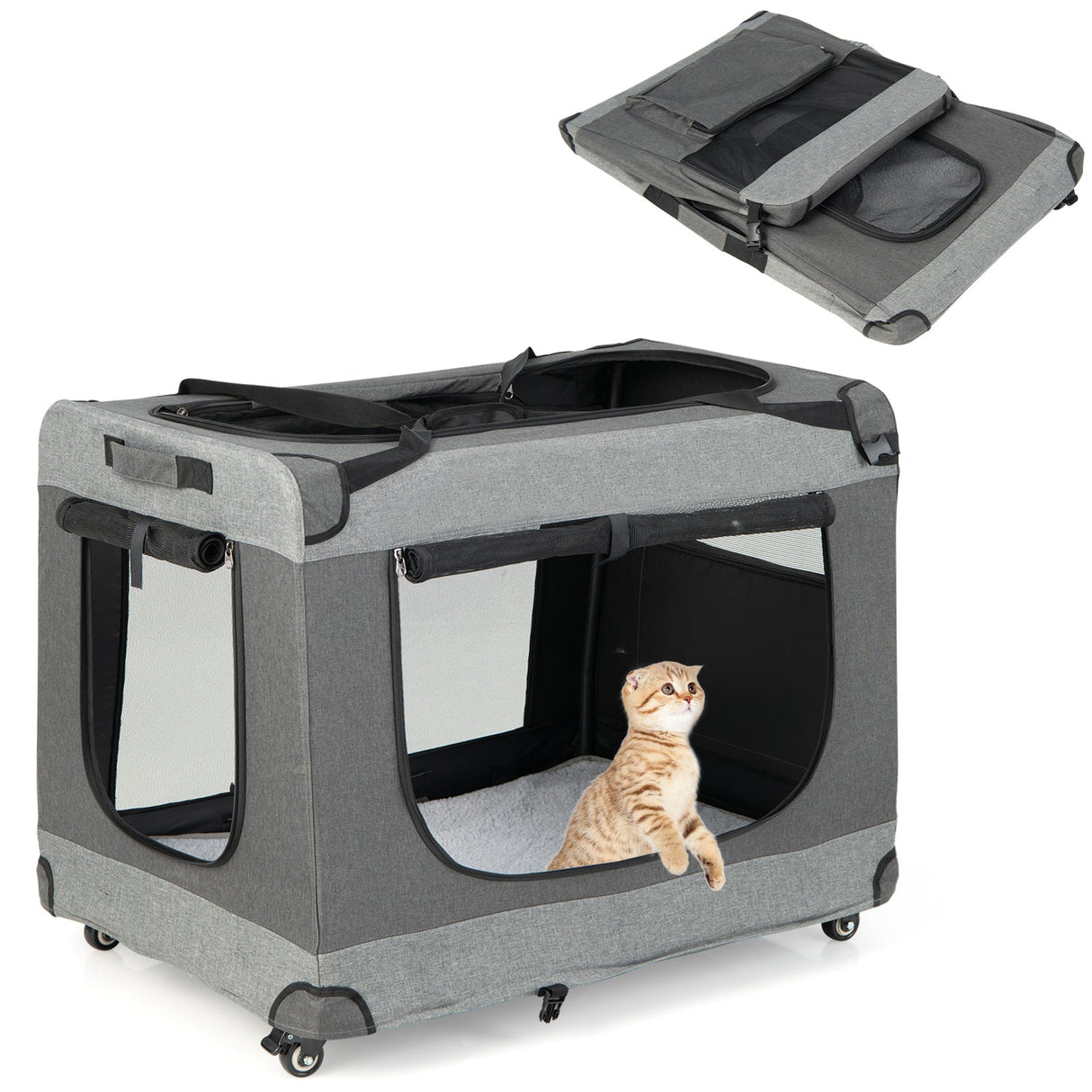 Portable Folding Dog Soft Crate Cat Carrier with 4 Lockable Wheels