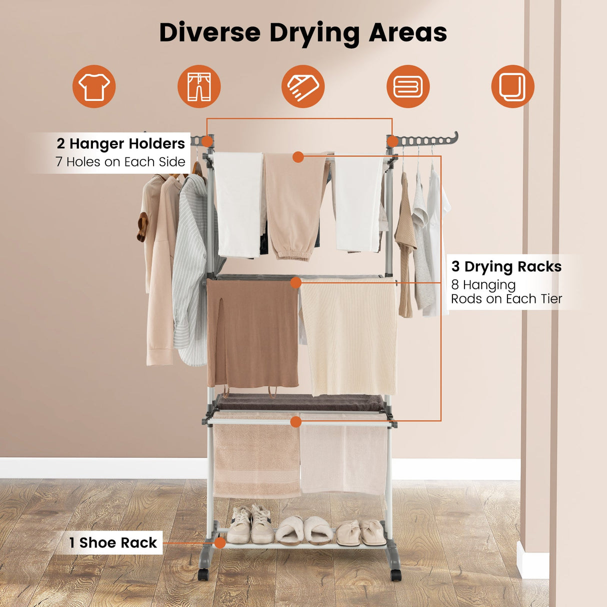 Tendedero de Ropa de 4 Niveles con Alas Laterales Giratorias y Estantes Plegables