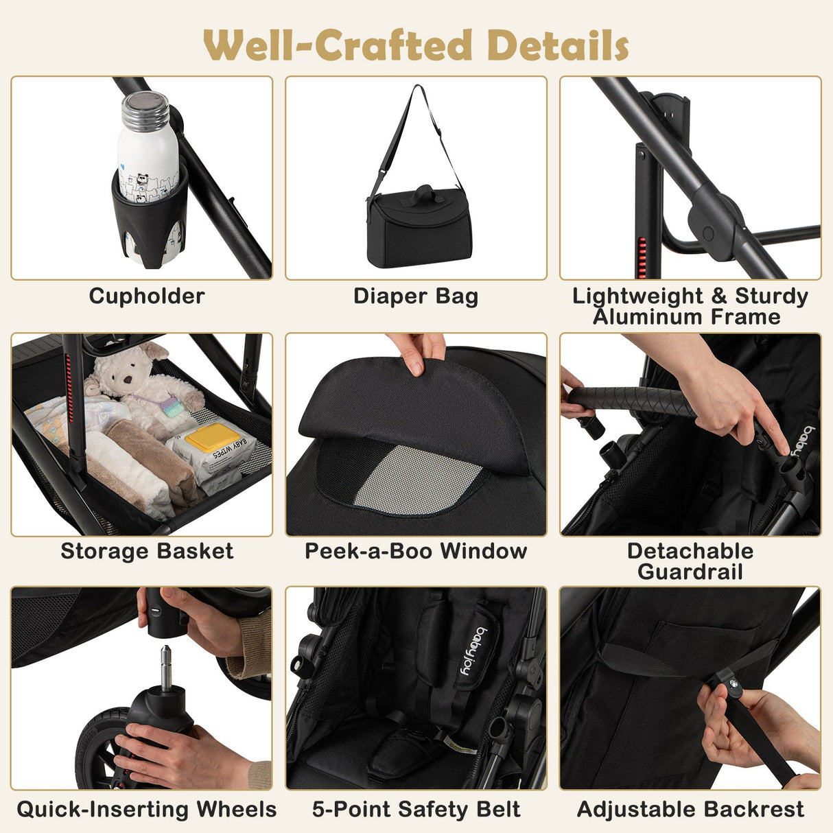 Cochecito de bebé convertible plegable 3 en 1 con capazo desmontable