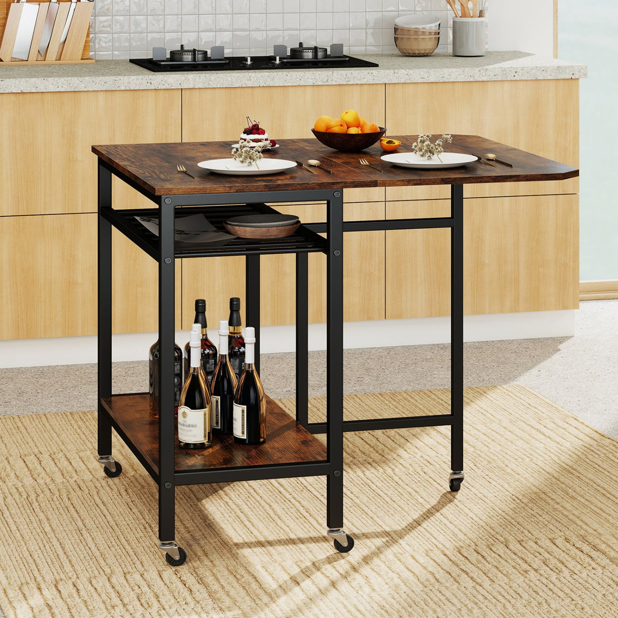 Mesa de comedor plegable con ampliación para portátil con botellero y ruedas - Marrón rústico