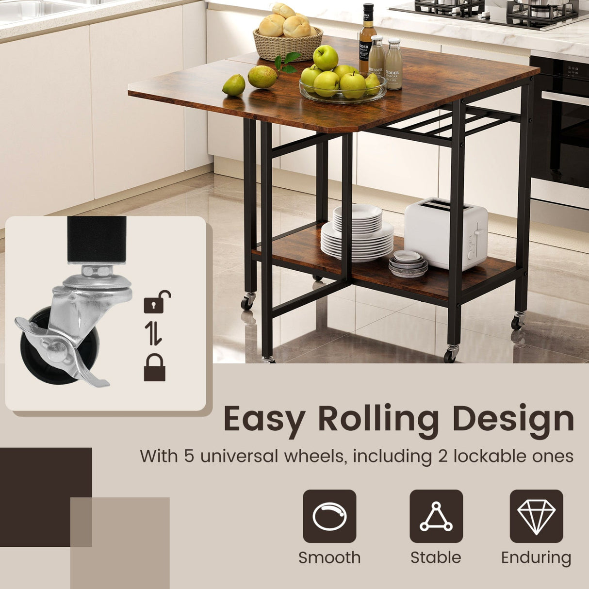 Mesa de comedor plegable con ampliación para portátil con botellero y ruedas - Marrón rústico