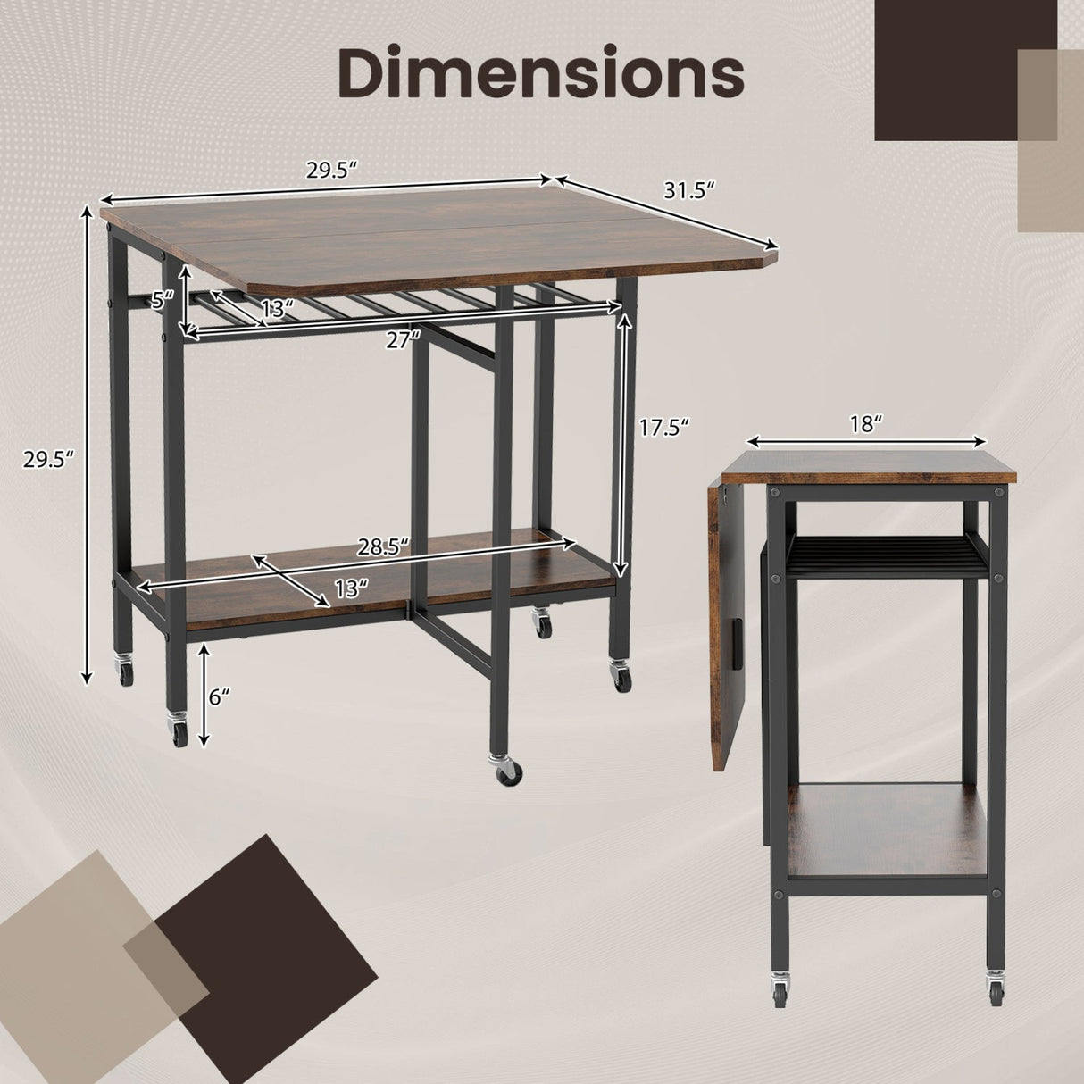 Mesa de comedor plegable con ampliación para portátil con botellero y ruedas - Marrón rústico