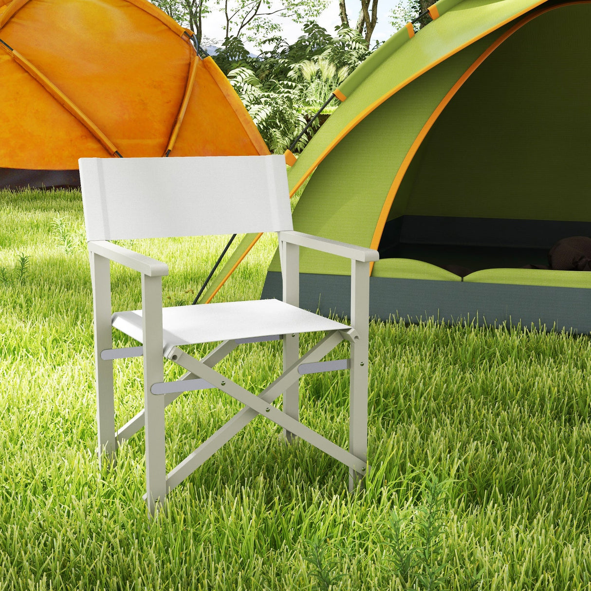 Folding Director Chair with Acacia Wood Frame and Machine Washable Oxford Fabric-Off White