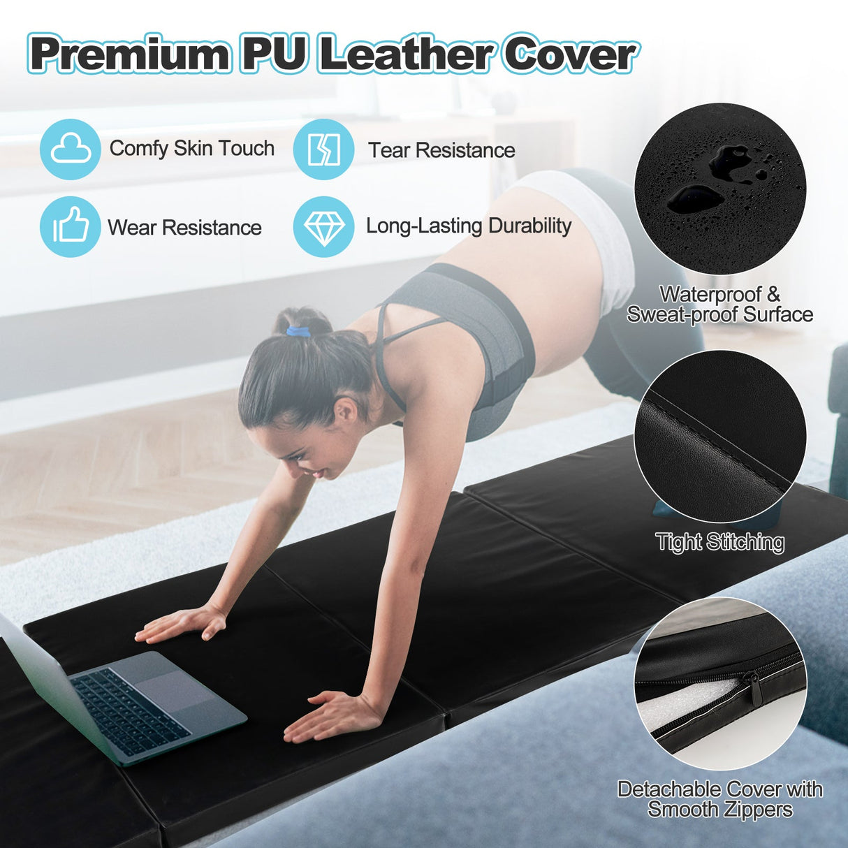 Colchoneta de gimnasia plegable con asas de transporte y funda extraíble de cuero sintético a prueba de sudor