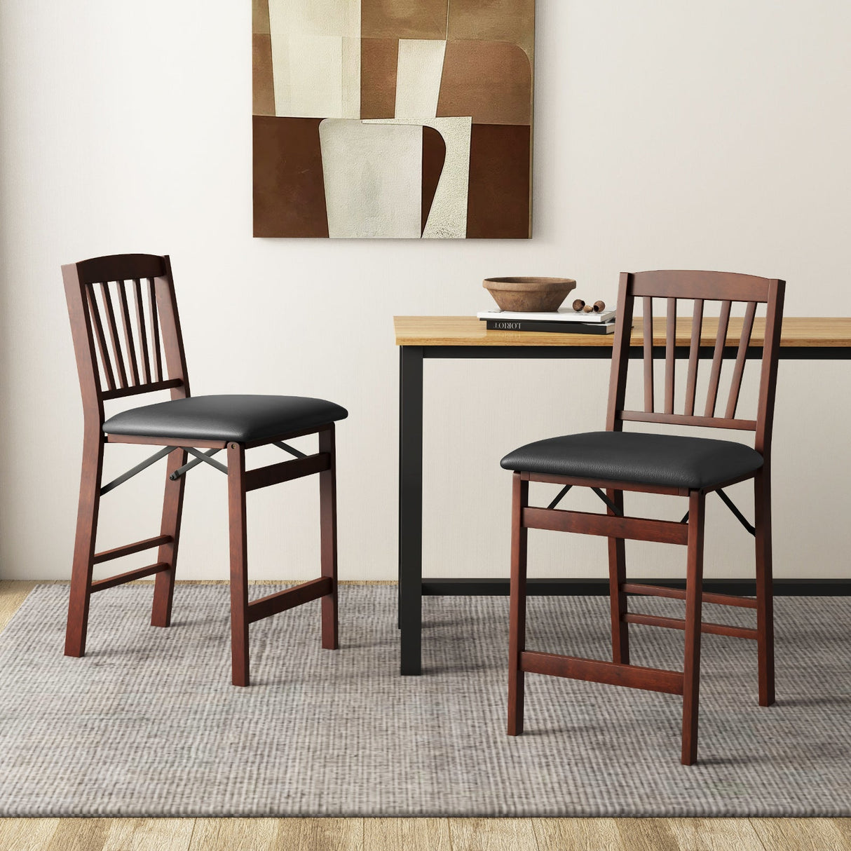 Juego de 2 sillas de altura de mostrador, taburete plegable para isla de cocina con asiento acolchado - Marrón