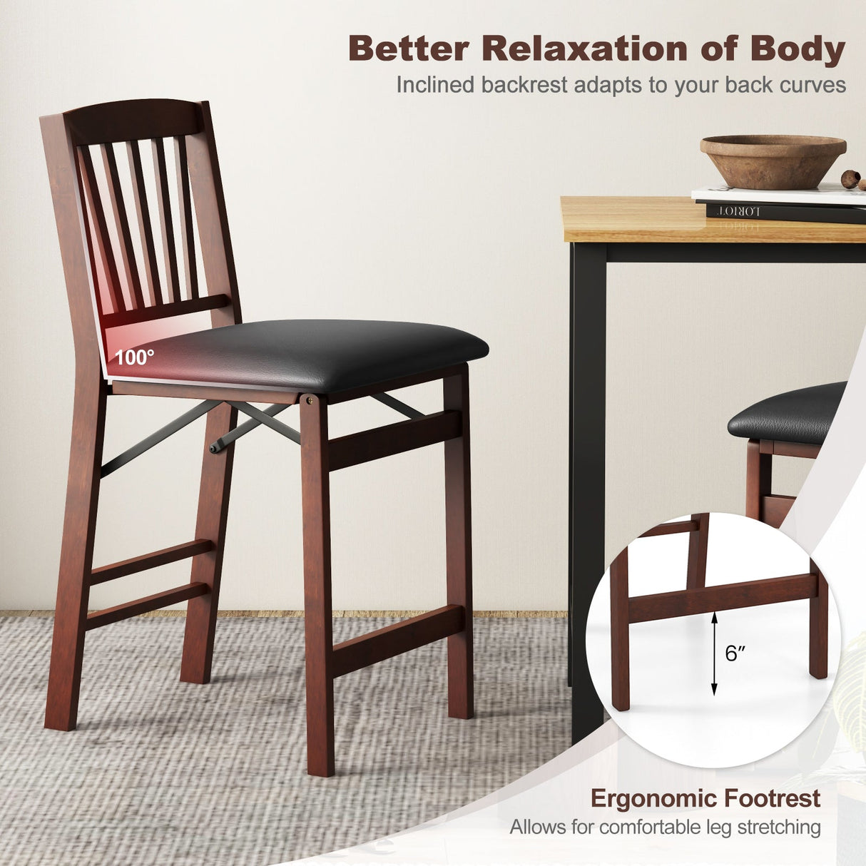 Juego de 2 sillas de altura de mostrador, taburete plegable para isla de cocina con asiento acolchado - Marrón