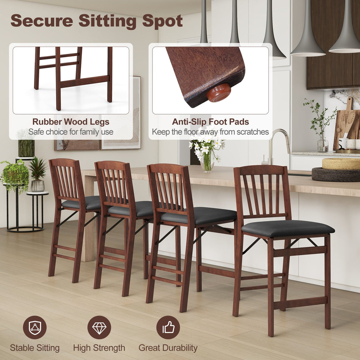 Juego de 2 sillas de altura de mostrador, taburete plegable para isla de cocina con asiento acolchado - Marrón