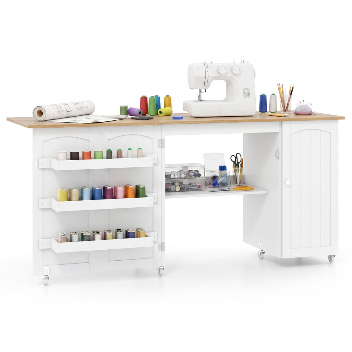 Mesa de costura plegable, estantes, mueble de almacenamiento, carrito artesanal con ruedas