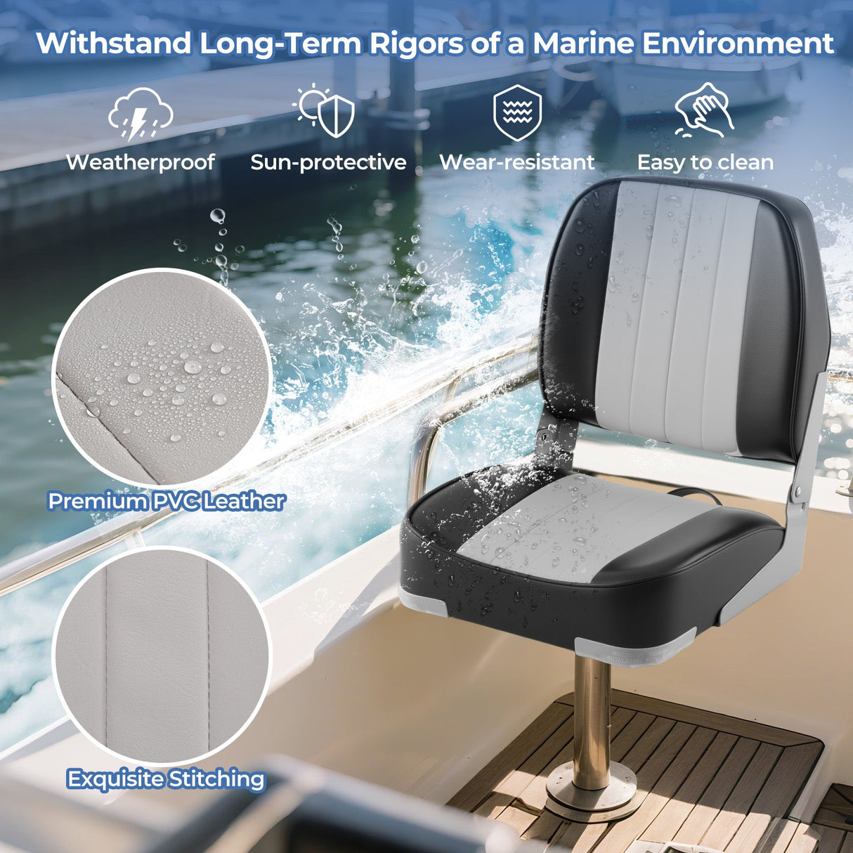 2-Pack Boat Seats Folding Low Back Boat Chairs Waterproof PVC Leather Cabin Seating