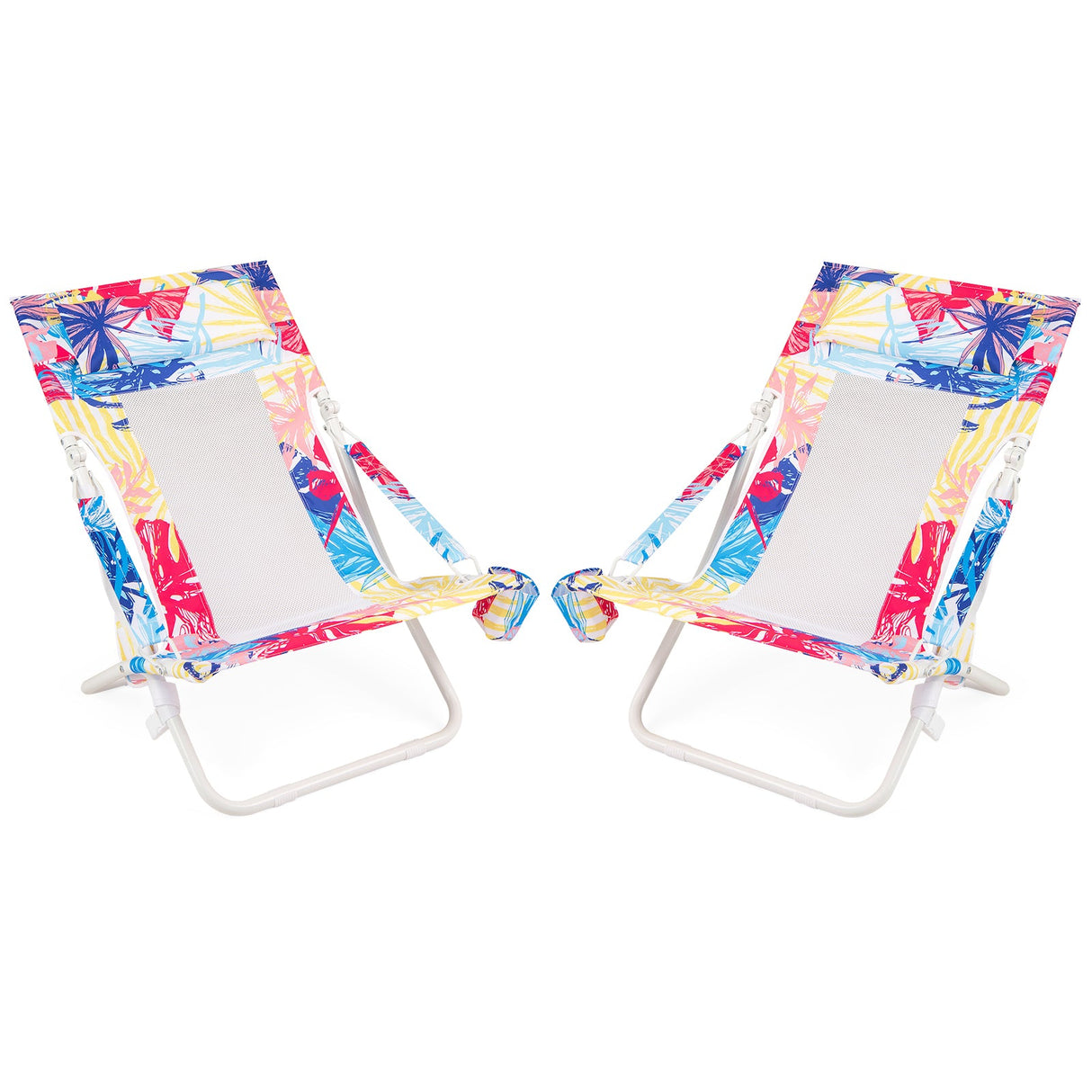 Folding Low Beach Chair Set of 2 Patio Sling Chairs with Padded Head Pillow