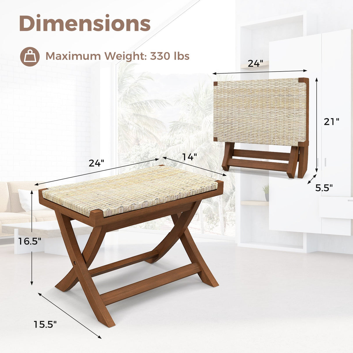 Puf plegable de ratán natural con asiento tejido a mano