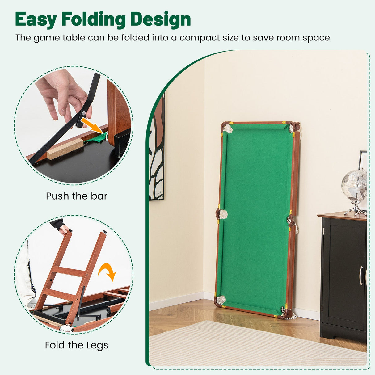 Mesa de billar portátil plegable con niveladores de patas ajustables