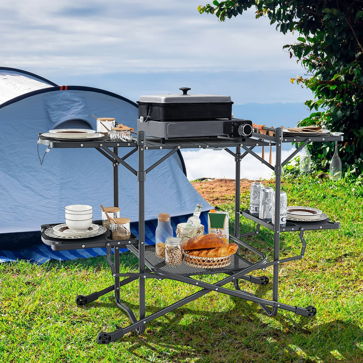 Estación de Cocina Portátil Plegable para Exteriores con Encimera de Aluminio Resistente al Calor