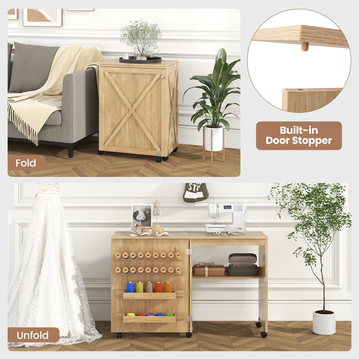 Folding Sewing Table with Storage Shelf and 5 Lockable Wheel