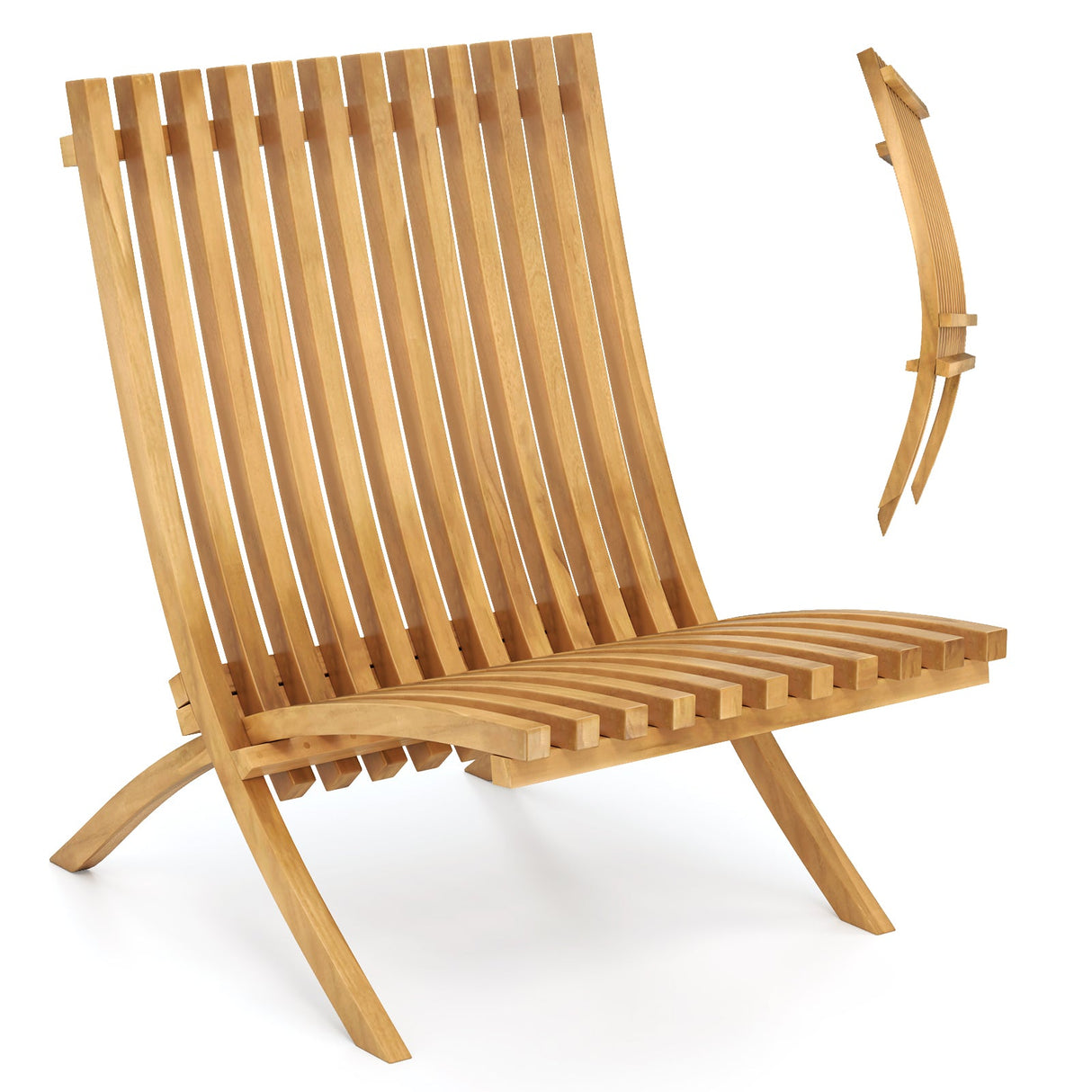 Sillón reclinable de exterior de madera de teca plegable con asiento y respaldo de listones
