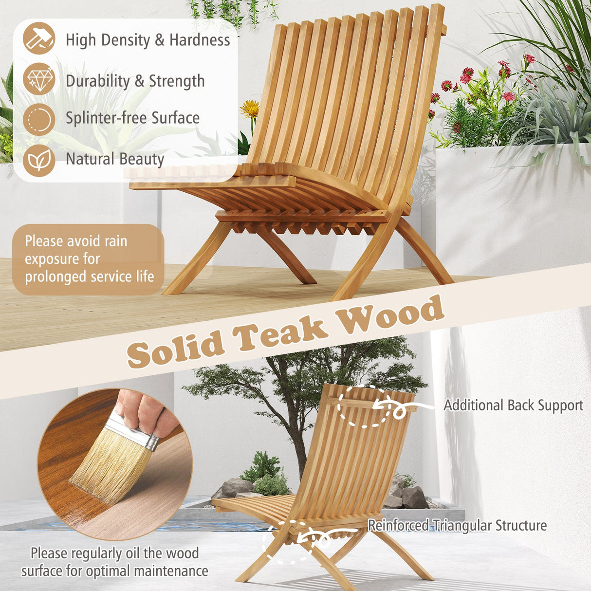 Sillón reclinable de exterior de madera de teca plegable con asiento y respaldo de listones