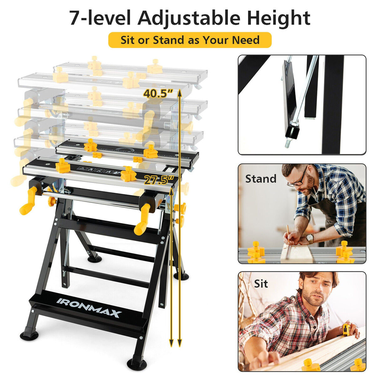 Mesa de Trabajo Plegable con Plataforma Inclinable y Altura Ajustable en 7 Niveles - Negra