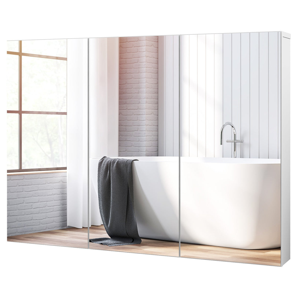 Armario de baño sin marco con espejo de pared, 3 puertas y estantes ajustables