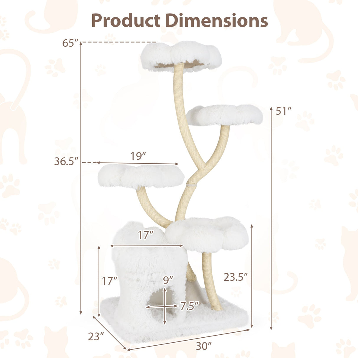 Torre de juego para gatos independiente con cuatro plataformas en forma de flor y postes rascadores de sisal