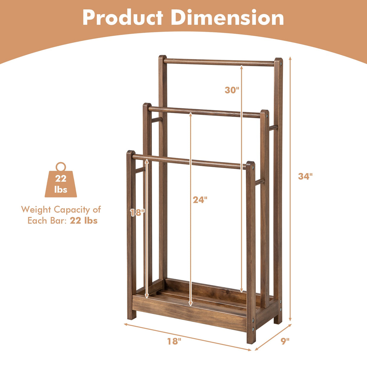 Freestanding Towel Rack 3-Bar Hand Towel Drying Stand with Bottom Storage Shelf