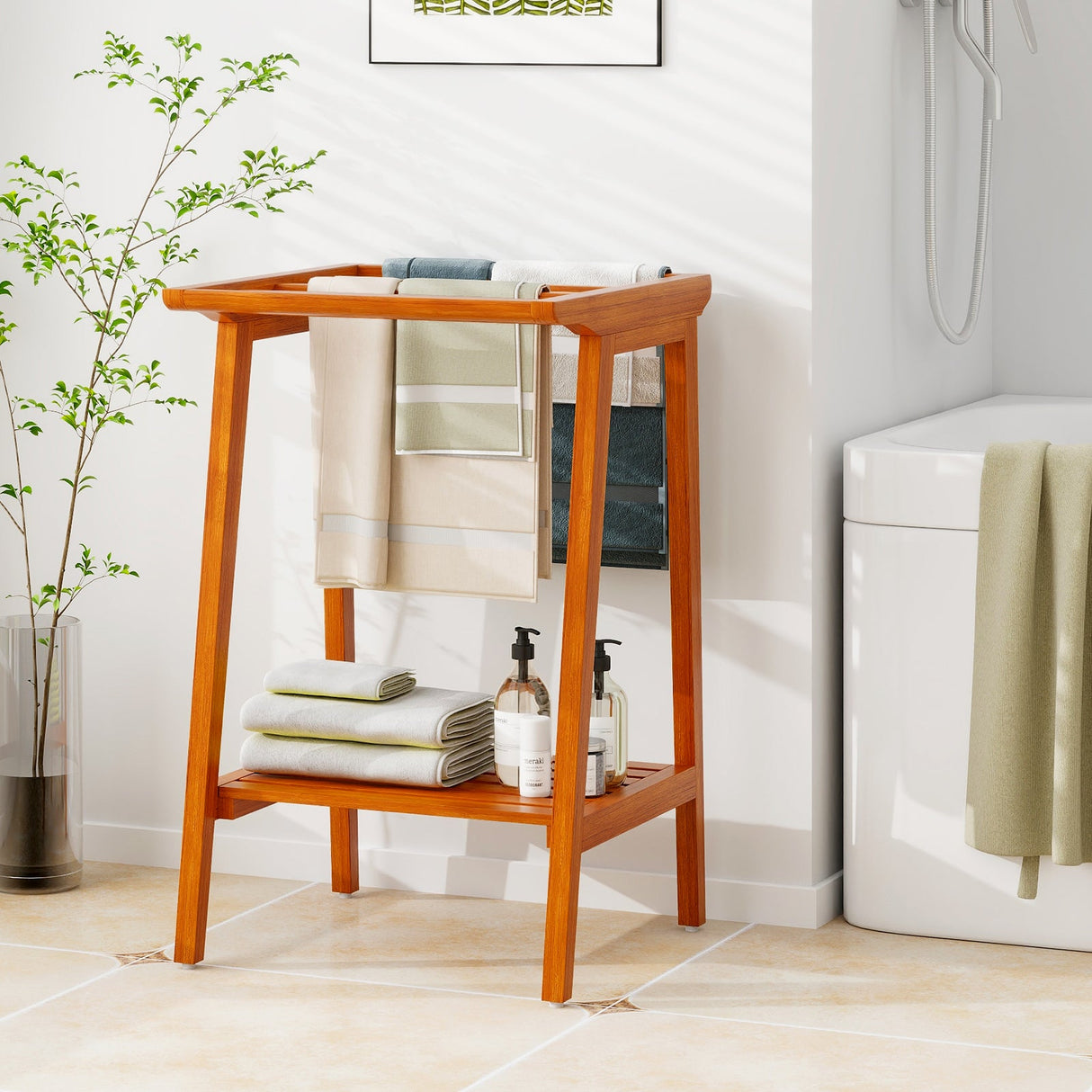 Toallero de pie con estante de almacenamiento para baño