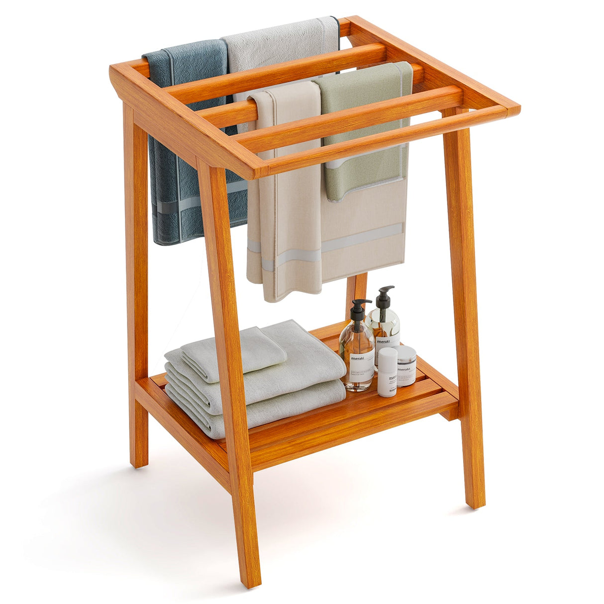 Toallero de pie con estante de almacenamiento para baño