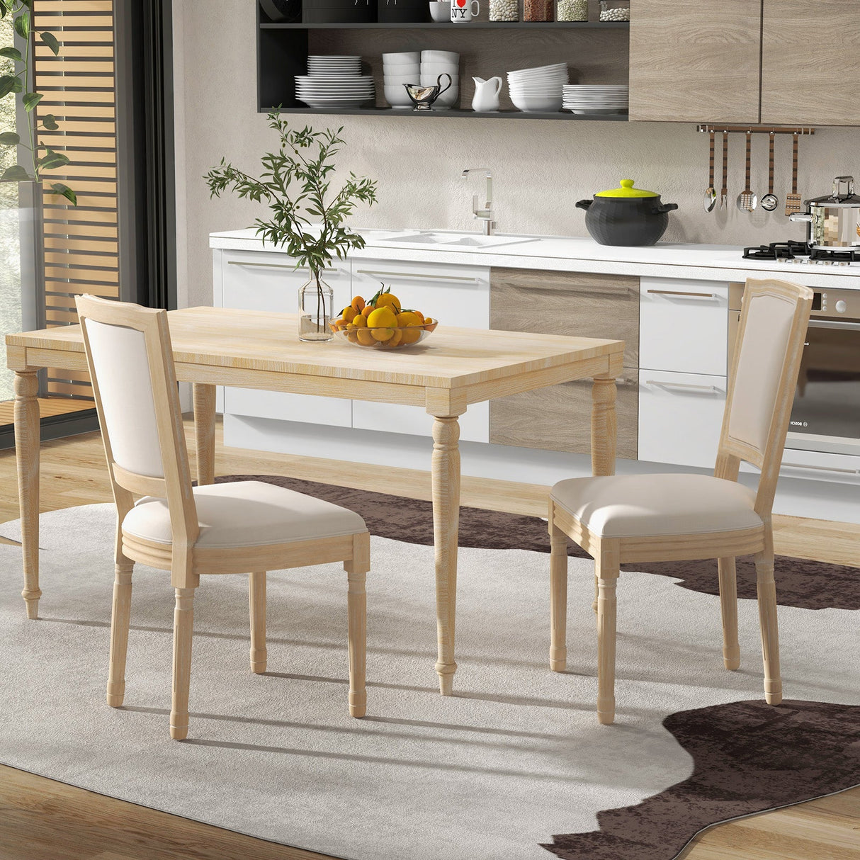 Juego de 2 sillas de comedor francesas con respaldo rectangular y estructura de madera maciza de caucho - Beige