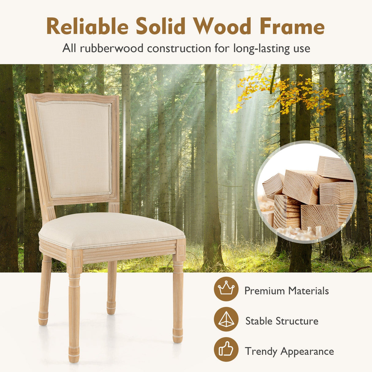 Juego de 2 sillas de comedor francesas con respaldo rectangular y estructura de madera maciza de caucho - Beige