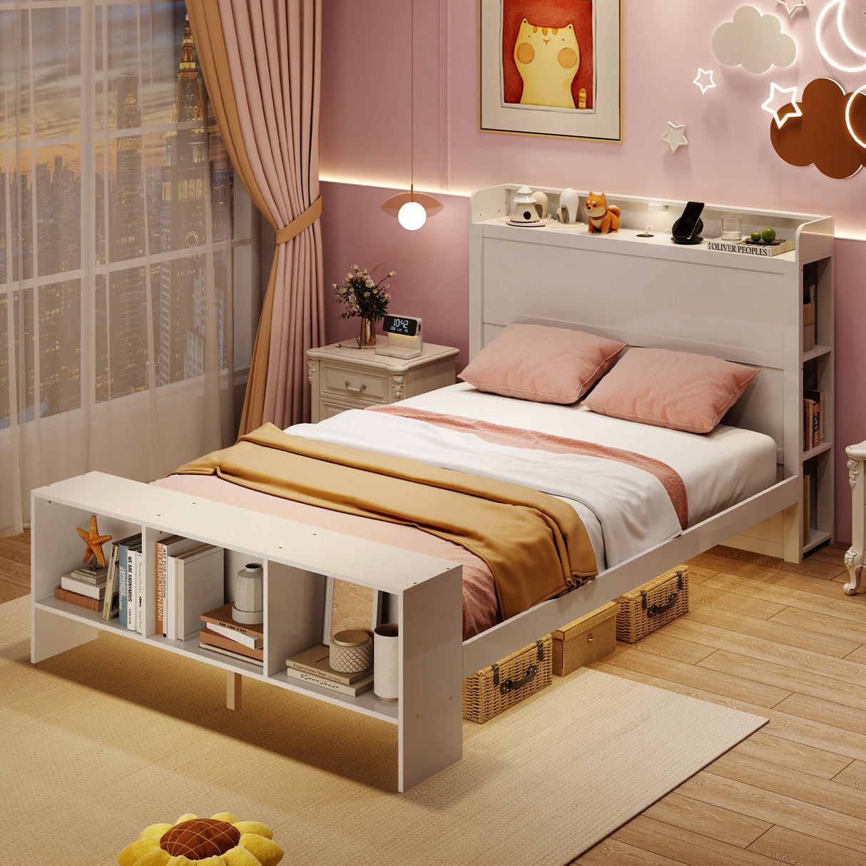 Full Size Bed Frame with 2 USB Ports with Storage Headboard and Lights