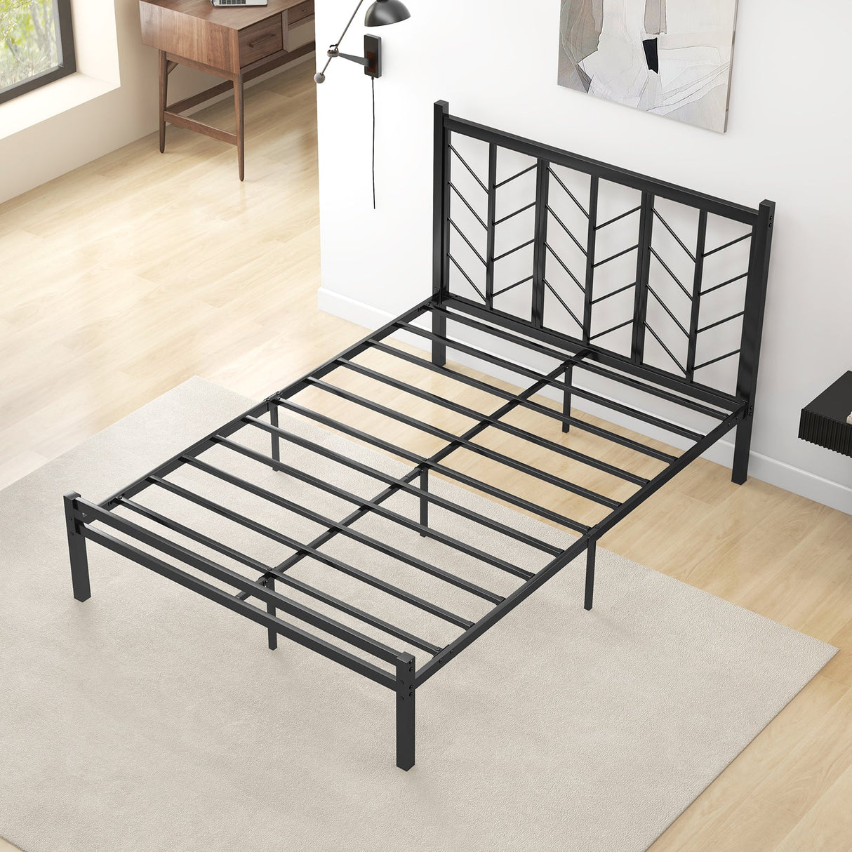Cama de plataforma tamaño Queen con cabecero y estructura metálica