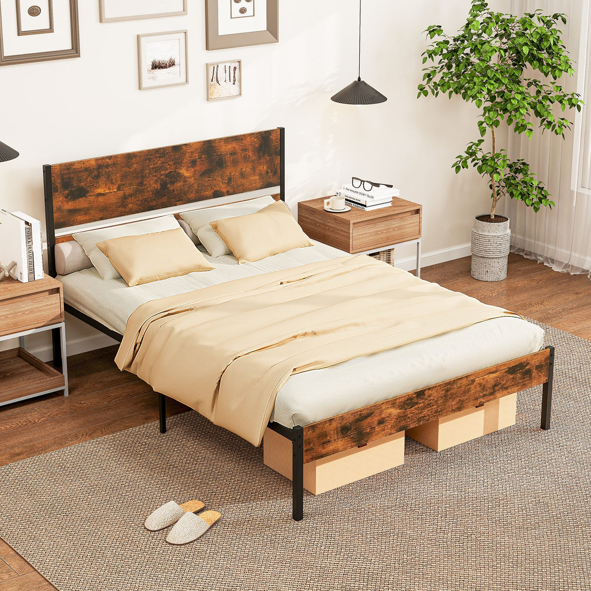 Base de Cama Metálica Twin/Full/Queen/King con Cabecera y Piecera de Madera - Tamaño Full