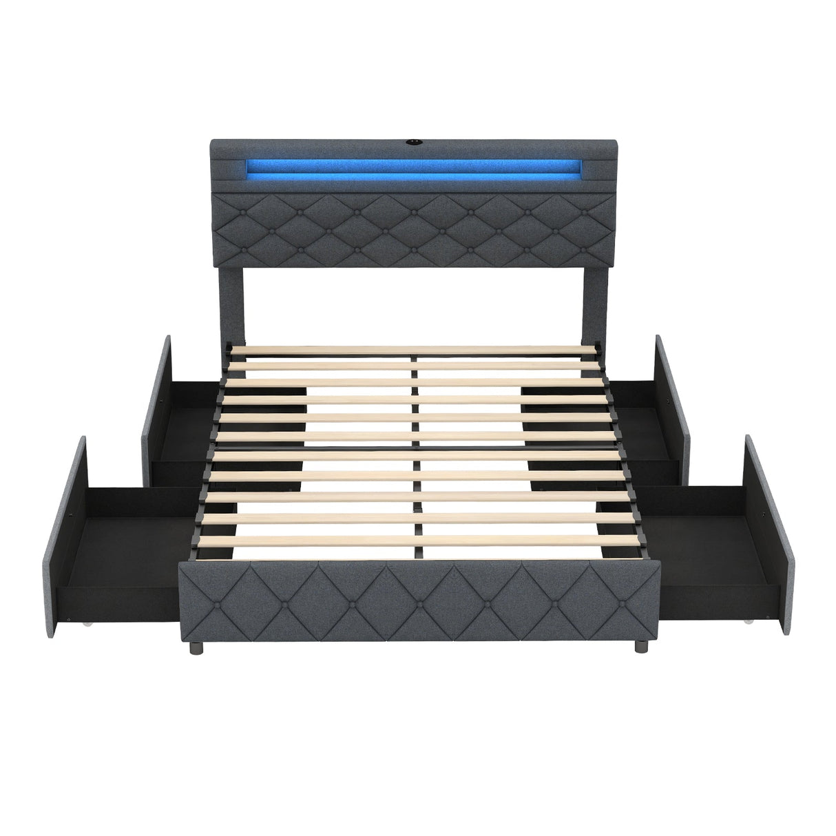 Base de Cama de Tamaño Matrimonial/Queen con Cabecero Ajustable con Almacenamiento y Soporte de Lamas de Madera