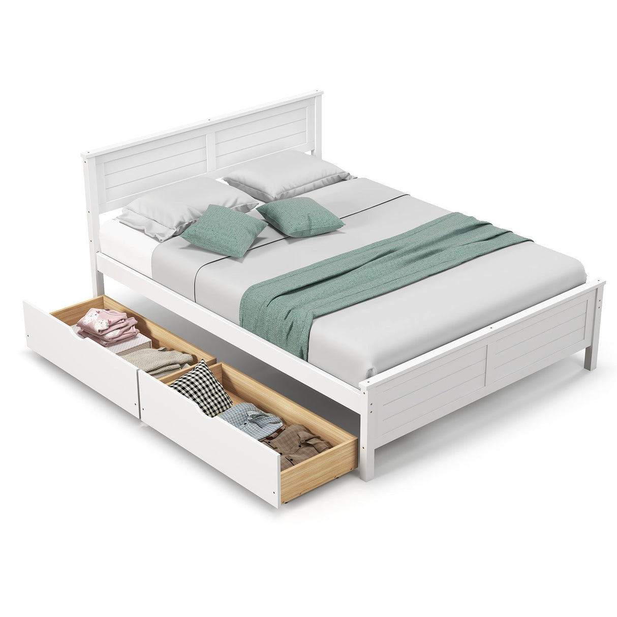 Estructura de cama matrimonial con cajones de almacenamiento y cabecero de madera maciza
