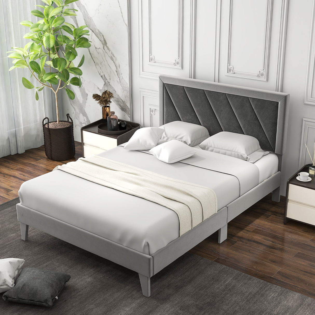 Cama tipo plataforma doble/matrimonial/Queen con cabecero alto y listones de madera