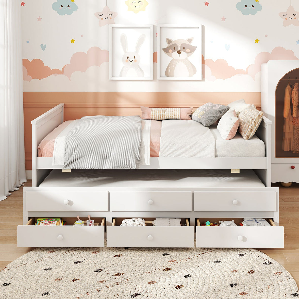 Base de cama matrimonial con nido individual y 3 cajones de almacenamiento para adolescentes y adultos - Blanca