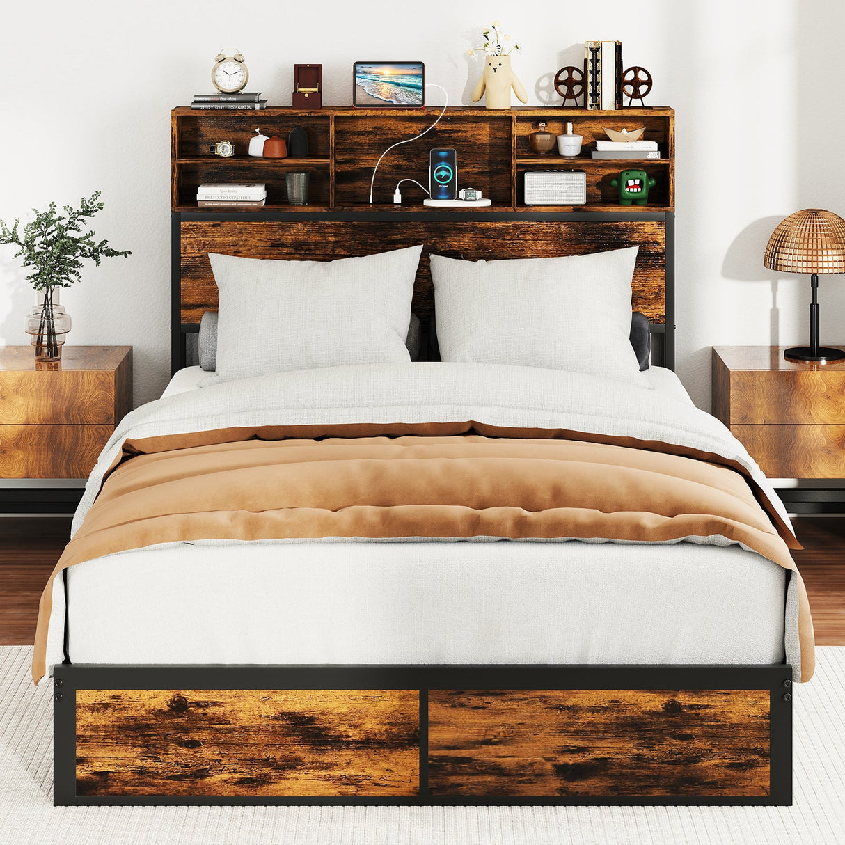 Estructura de cama Twin/Full/Queen/King Size con cabecera de almacenamiento, plataforma de metal industrial