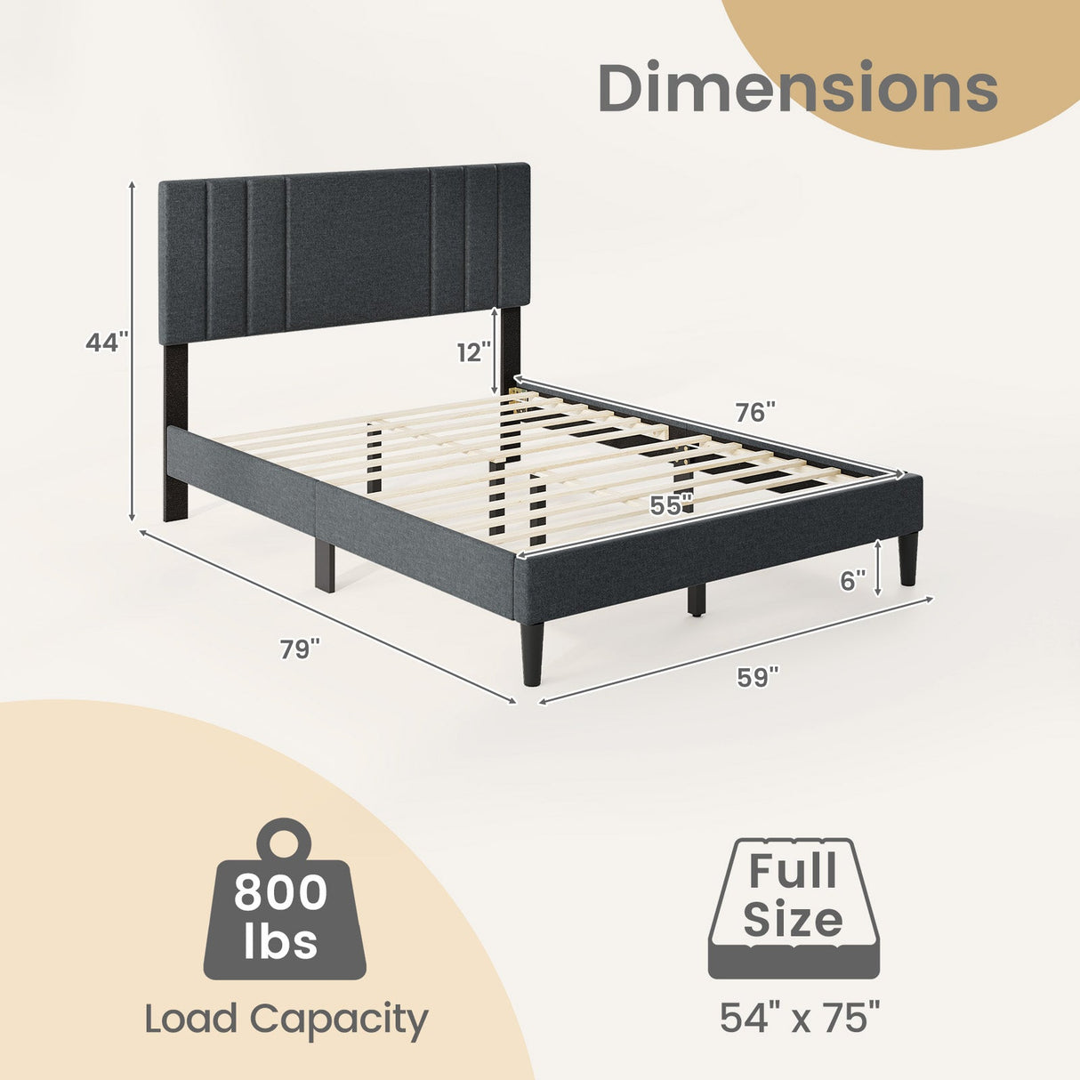 Base de cama de tamaño completo/queen/individual con cabecero tapizado con canal vertical y listones de madera