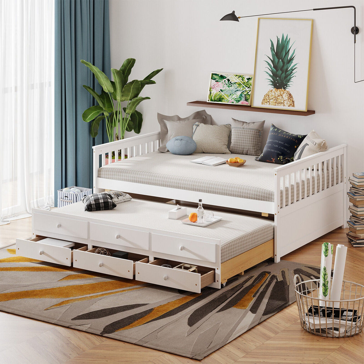 Cama nido de madera tamaño matrimonial con nido y 3 cajones de almacenamiento - Blanco