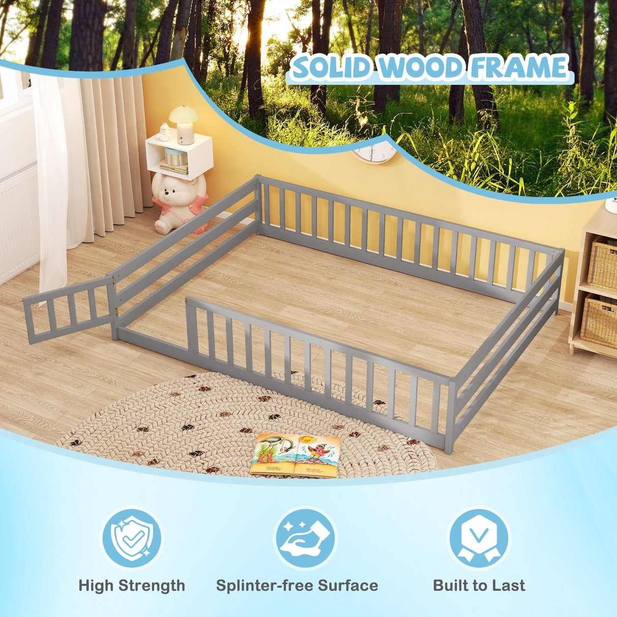 Cama de suelo tamaño completo con barandillas de seguridad de longitud completa