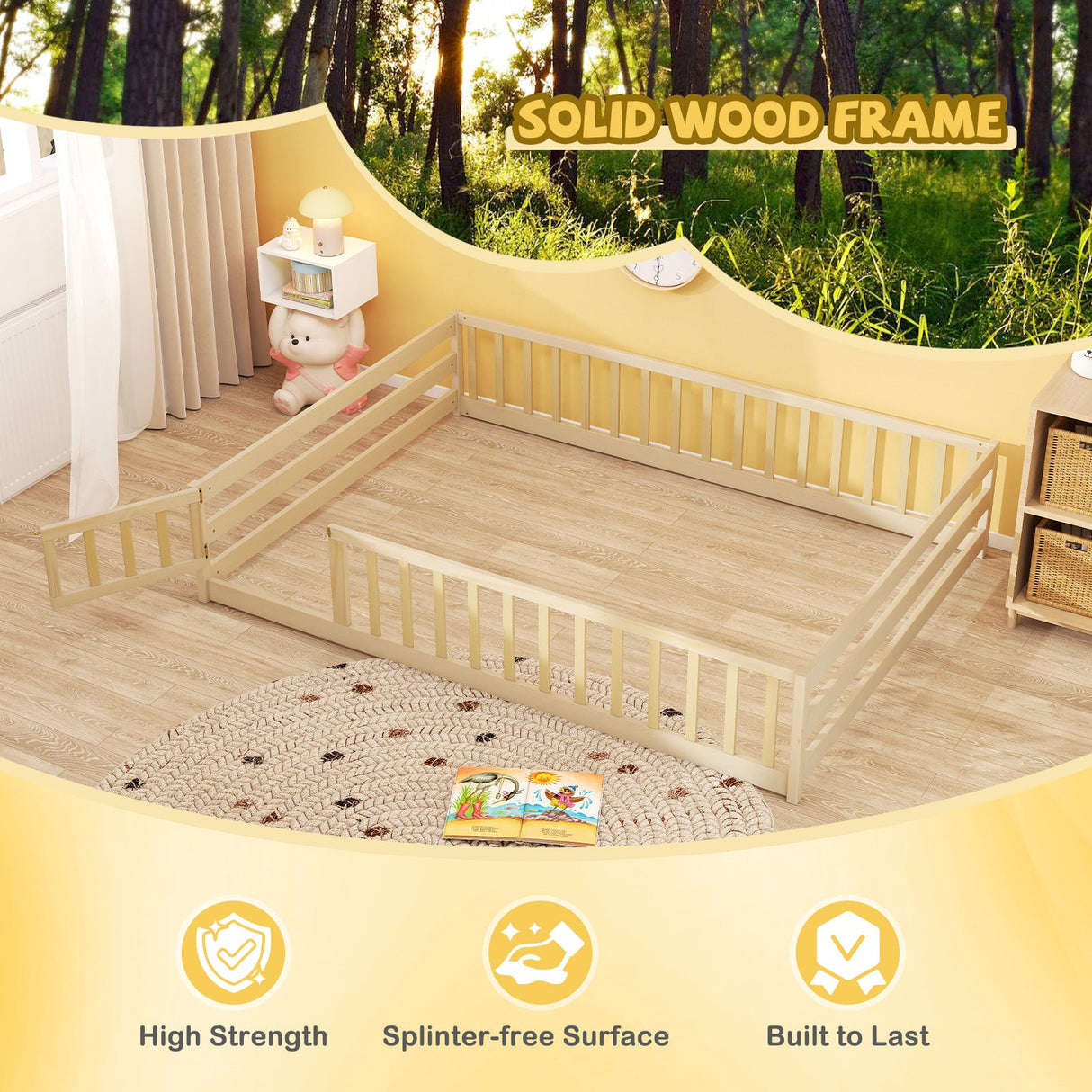 Cama de suelo tamaño completo con barandillas de seguridad de longitud completa
