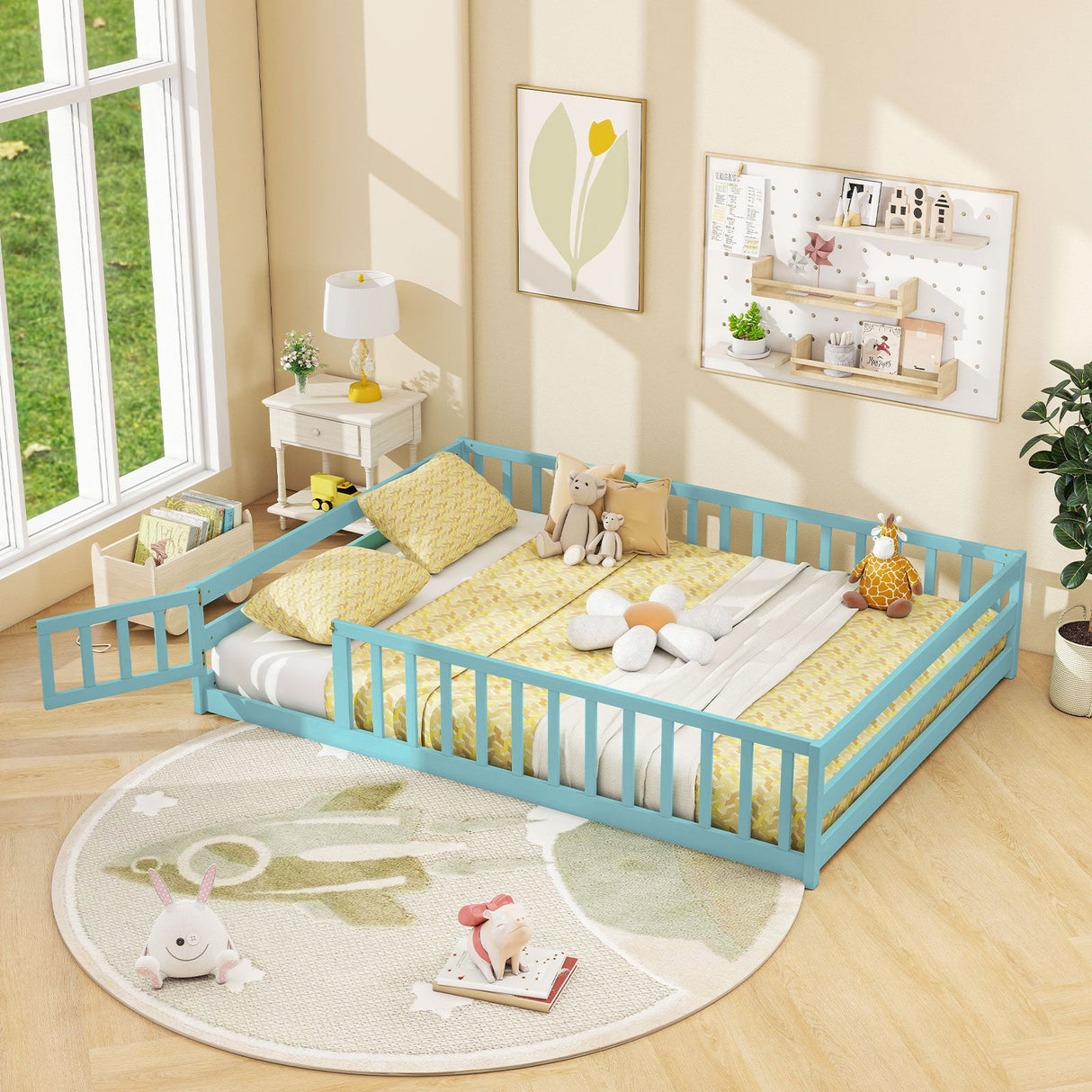 Cama de suelo tamaño completo con barandillas de seguridad de longitud completa