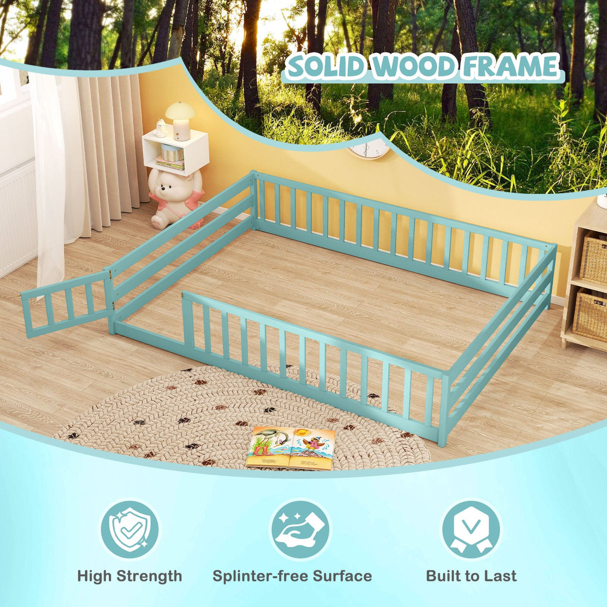 Cama de suelo tamaño completo con barandillas de seguridad de longitud completa