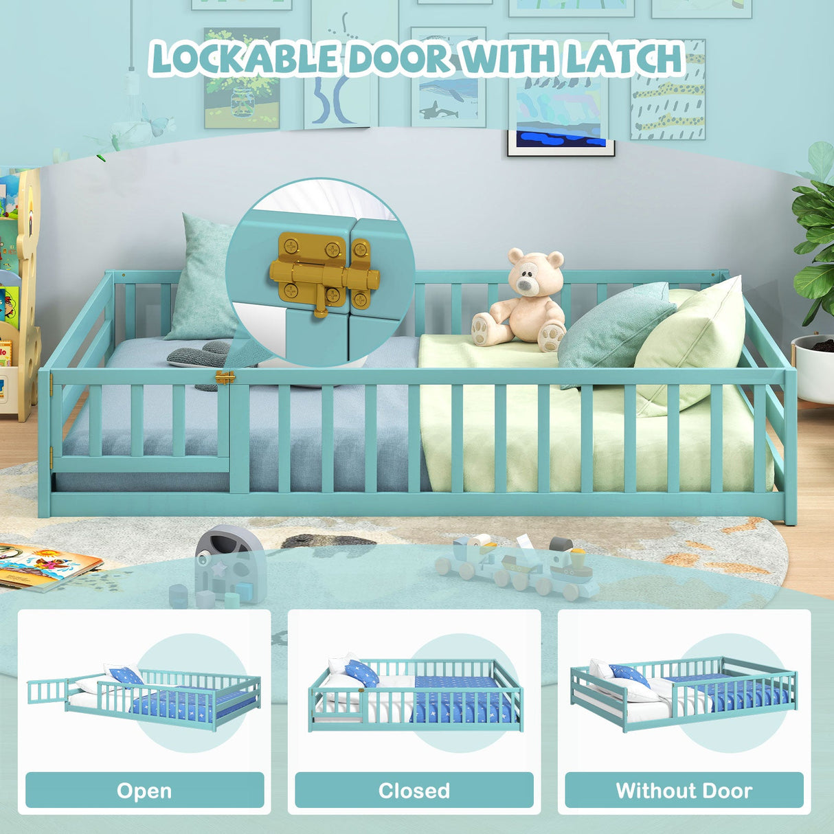 Cama de suelo tamaño completo con barandillas de seguridad de longitud completa