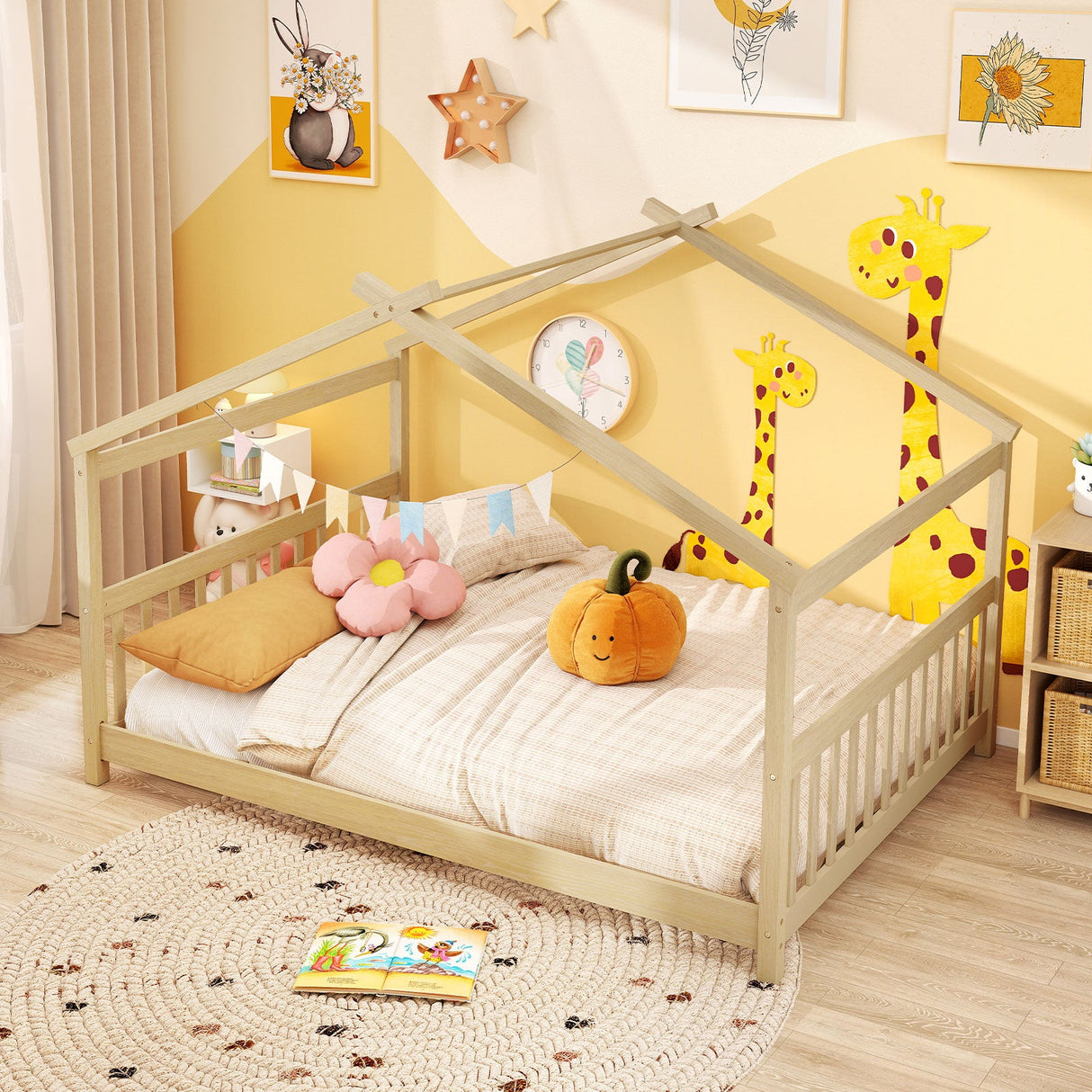 Cama de casa de tamaño completo, cama de piso Montessori con cabecero