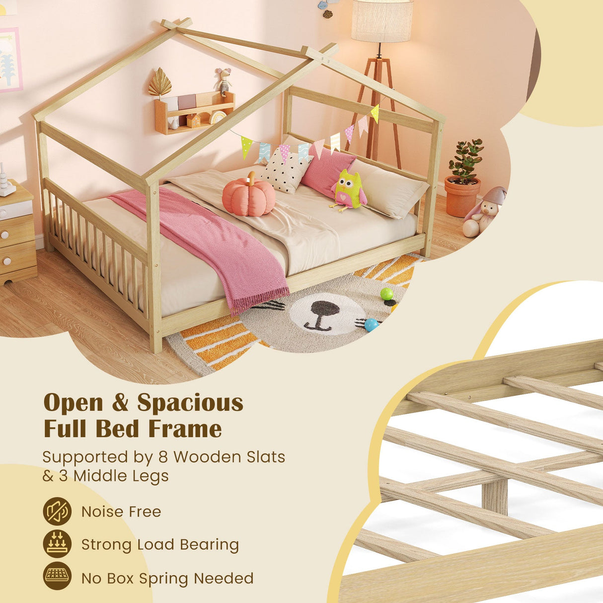 Cama de casa de tamaño completo, cama de piso Montessori con cabecero
