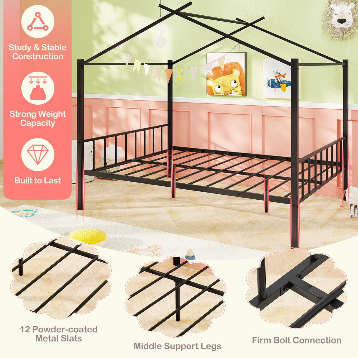 Full Size Metal House Bed with 2 Fabric Drawers for Kids