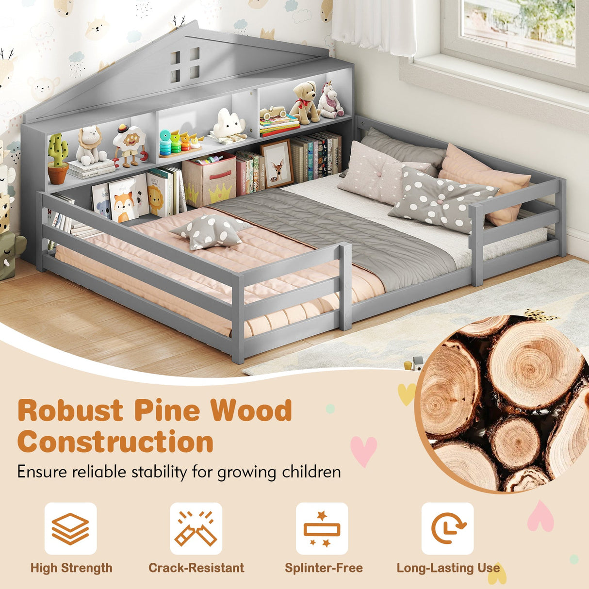 Cama Montessori de piso tamaño completo con compartimentos de almacenamiento y estante