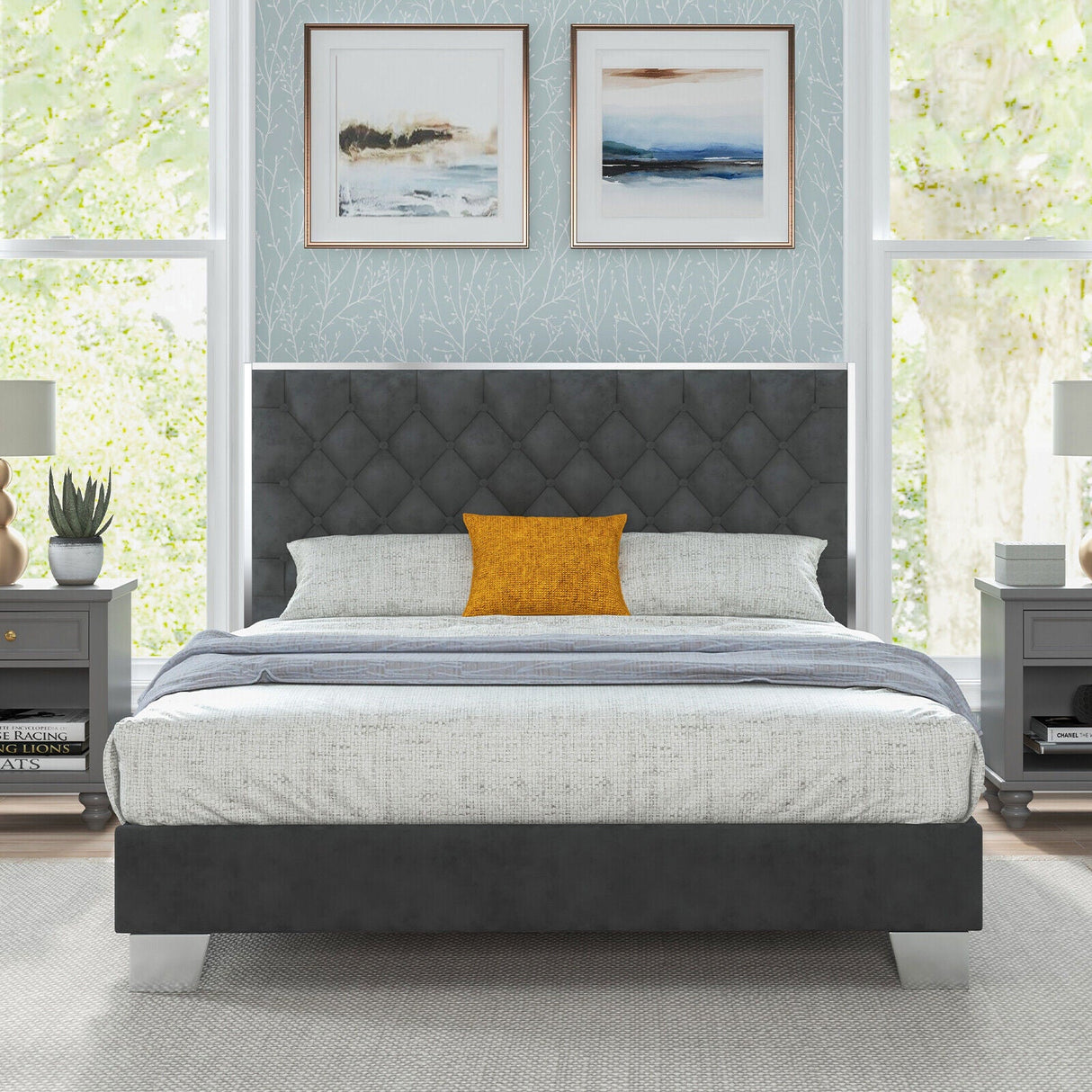 Base de cama tapizada tamaño matrimonial/queen con cabecera de terciopelo