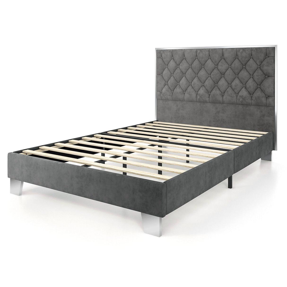 Base de cama tapizada tamaño matrimonial/queen con cabecera de terciopelo